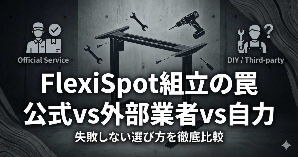 もう重い箱に絶望しない！腰痛や失敗を避けるためのFlexiSpot 組み立てサービス徹底比較ガイド【公式・外部代行・自力】のアイキャッチ画像。