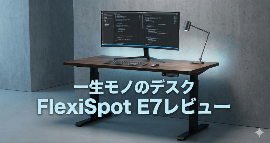 一生モノのデスクに出会えた！腰痛から解放され集中力が爆上がりする FlexiSpot E7 レビューのアイキャッチ画像。