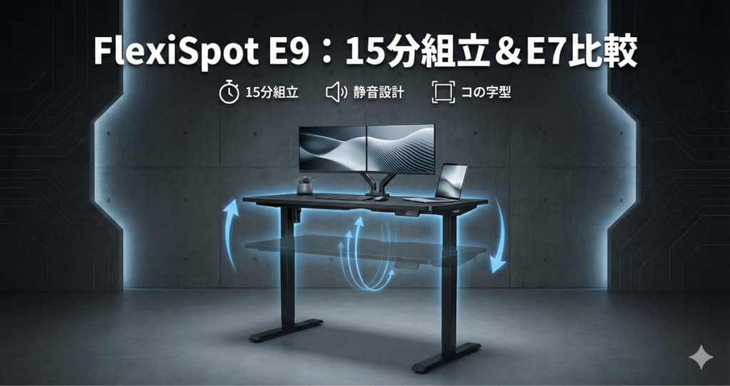 理想のデスク環境が15分で手に入る！FlexiSpot E9レビュー：E7との違いや組み立てのコツを徹底解説のアイキャッチ画像。