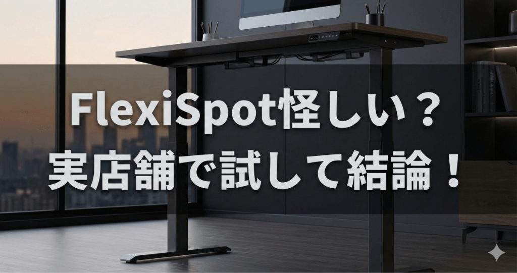 理想のデスクで人生を変えたいあなたへ！FlexiSpotは怪しい？どこの国の会社？実店舗の展示場所や評判・失敗しない選び方を徹底解説のアイキャッチ画像。