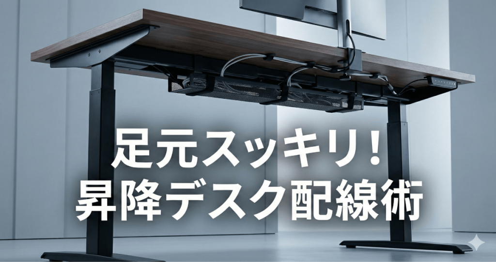 足元のカオスにさよなら！理想の集中環境を手に入れる昇降デスクとFlexiSpotの配線整理術完全ガイドのアイキャッチ画像。