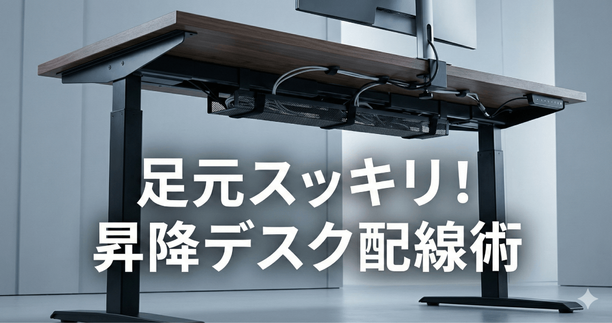 足元のカオスにさよなら！理想の集中環境を手に入れる昇降デスクとFlexiSpotの配線整理術完全ガイドのアイキャッチ画像。